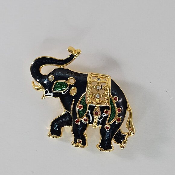 Vintage Gold-Tone Enamel Elephant Brooch Pin With Rhinestones & Red Accents - Picture 4 of 8